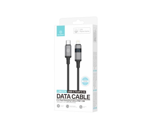 Techancy USB-C to Lightning Cable TB1801, 27W, 1.5m black, LED power display, aluminum connector, br Techancy USB-C to Lightning Cable TB1801, 27W, 1.5m black, LED power display, aluminum connector, br