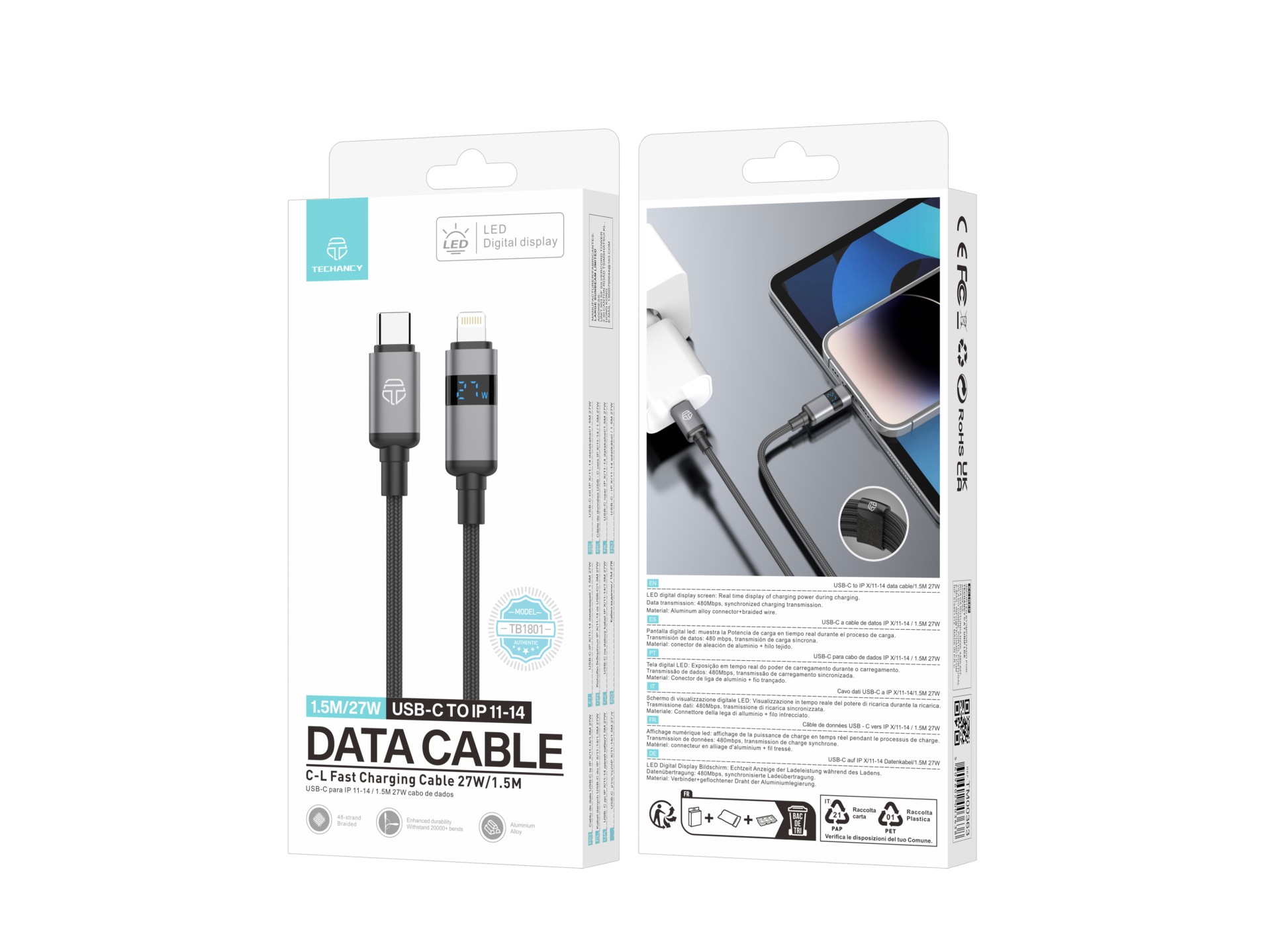 Techancy USB-C to Lightning Cable TB1801, 27W, 1.5m black, LED power display, aluminum connector, br Techancy USB-C to Lightning Cable TB1801, 27W, 1.5m black, LED power display, aluminum connector, br
