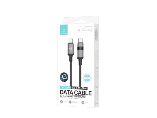 Techancy USB-C to USB-C Cable TB1801, 100W, 1.5m black, LED power display, aluminum connector, braid Techancy USB-C to USB-C Cable TB1801, 100W, 1.5m black, LED power display, aluminum connector, braid