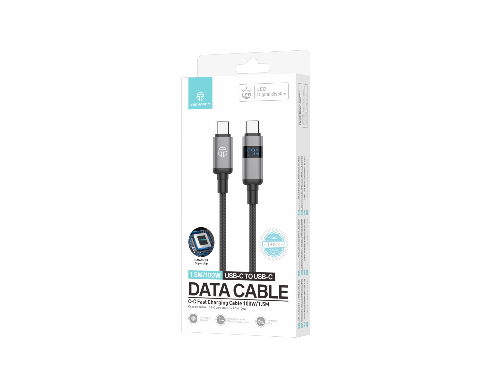 Techancy USB-C to USB-C Cable TB1801, 100W, 1.5m black, LED power display, aluminum connector, braid Techancy USB-C to USB-C Cable TB1801, 100W, 1.5m black, LED power display, aluminum connector, braid