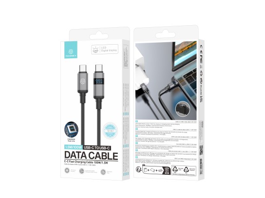 Techancy USB-C to USB-C Cable TB1801, 100W, 1.5m black, LED power display, aluminum connector, braid Techancy USB-C to USB-C Cable TB1801, 100W, 1.5m black, LED power display, aluminum connector, braid