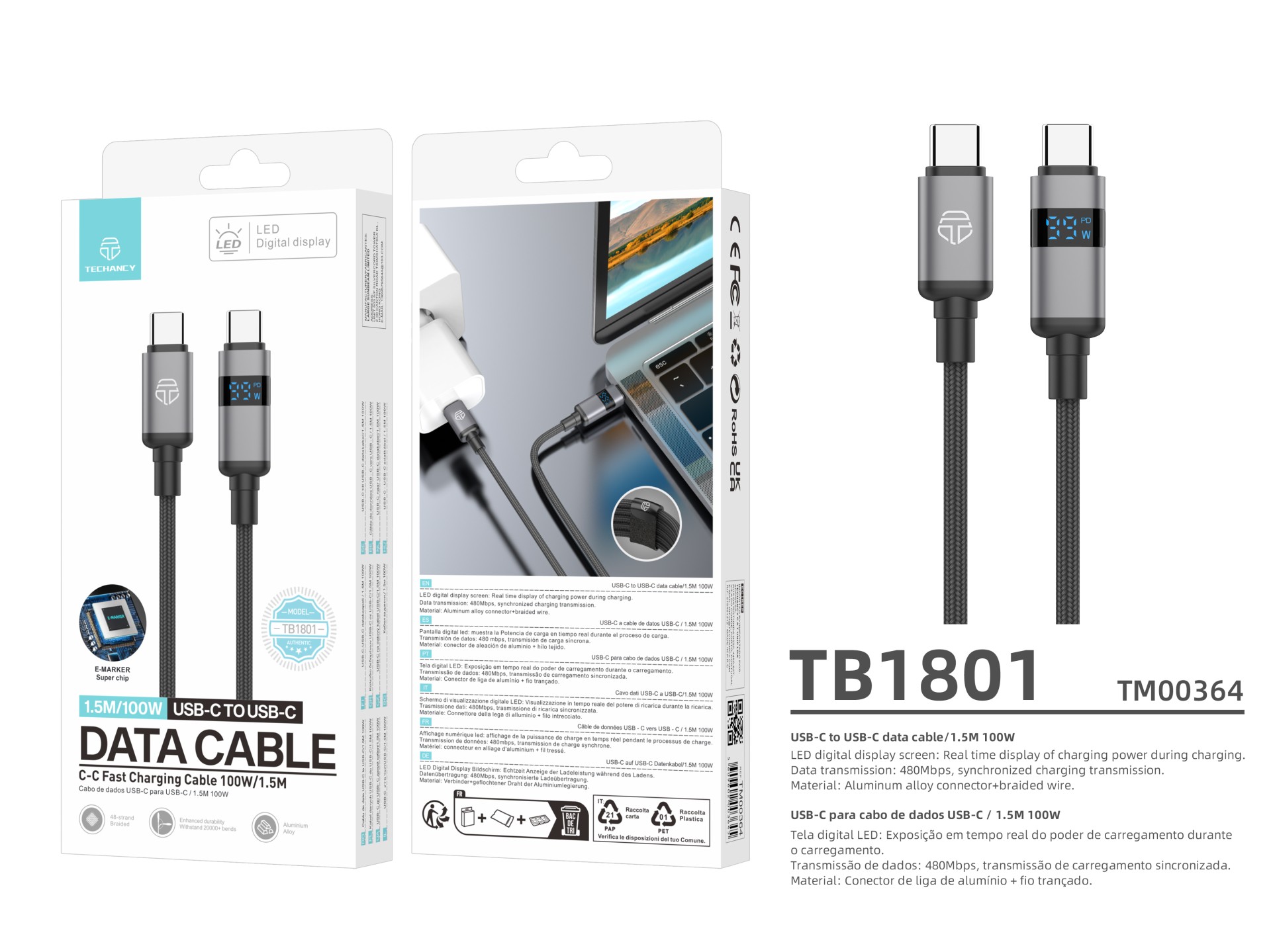 Techancy USB-C to USB-C Cable TB1801, 100W, 1.5m black, LED power display, aluminum connector, braid Techancy USB-C to USB-C Cable TB1801, 100W, 1.5m black, LED power display, aluminum connector, braid