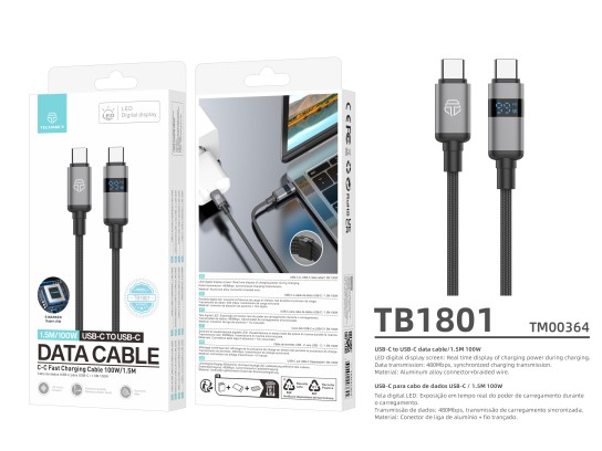 Techancy USB-C to USB-C Cable TB1801, 100W, 1.5m black, LED power display, aluminum connector, braid Techancy USB-C to USB-C Cable TB1801, 100W, 1.5m black, LED power display, aluminum connector, braid