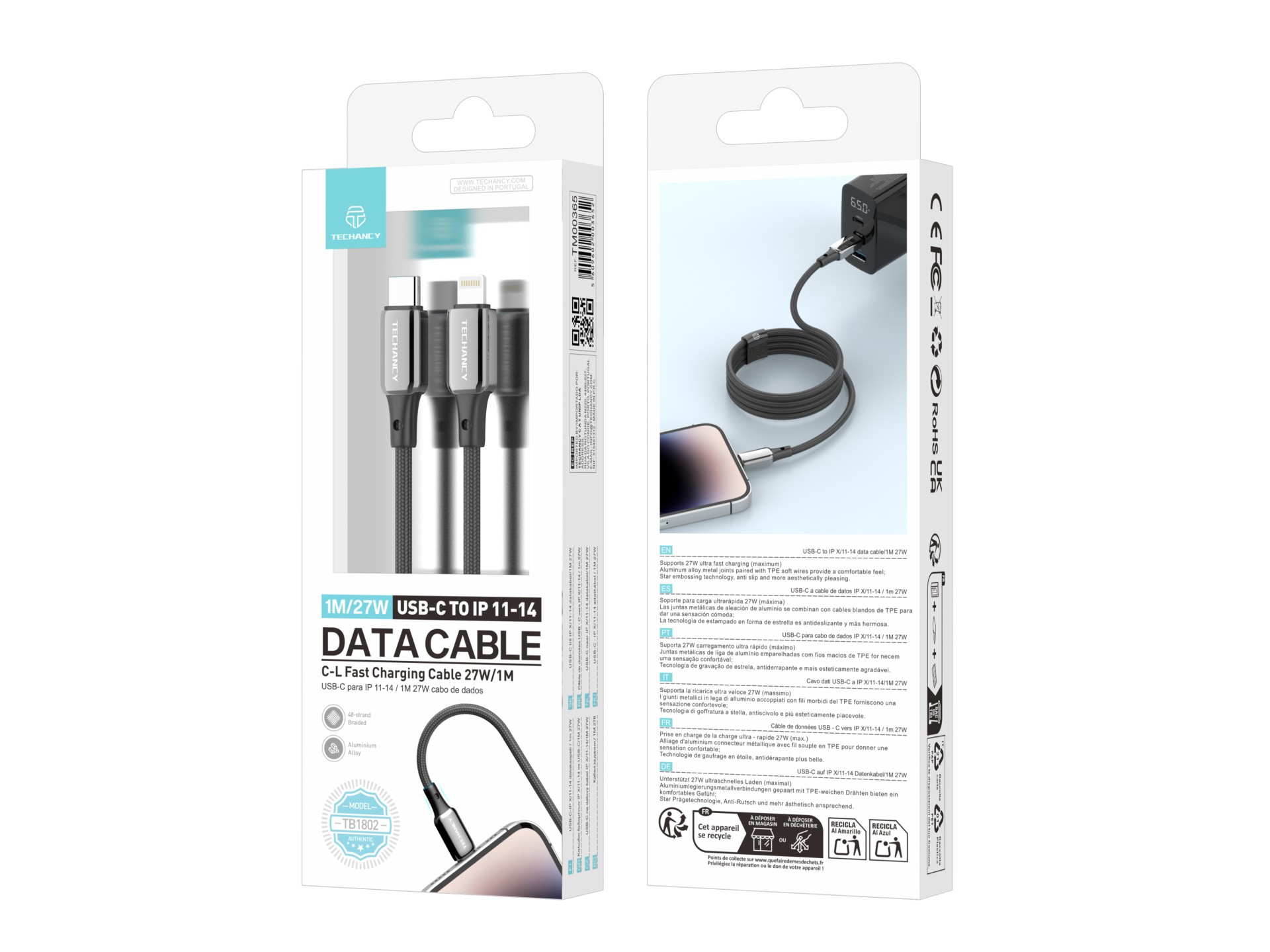 Techancy USB-C-zu-Lightning-Kabel TB1802, 27 W, 1 m schwarz, Aluminiumstecker, rutschfestes Design, 
