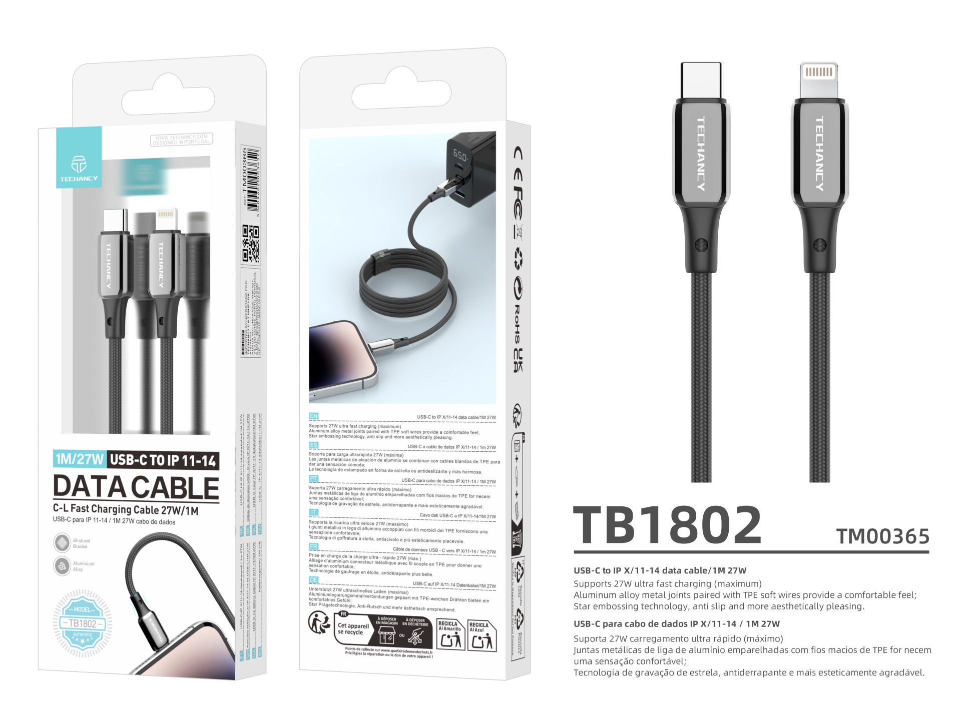 Techancy USB-C-zu-Lightning-Kabel TB1802, 27 W, 1 m schwarz, Aluminiumstecker, rutschfestes Design, 