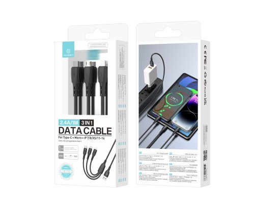 Techancy Cable de datos 3 en 1 TB1742, 2,4 A, 1 m negro, USB-C/Micro/Lightning, compatible con vario Techancy Cable de datos 3 en 1 TB1742, 2,4 A, 1 m negro, USB-C/Micro/Lightning, compatible con vario