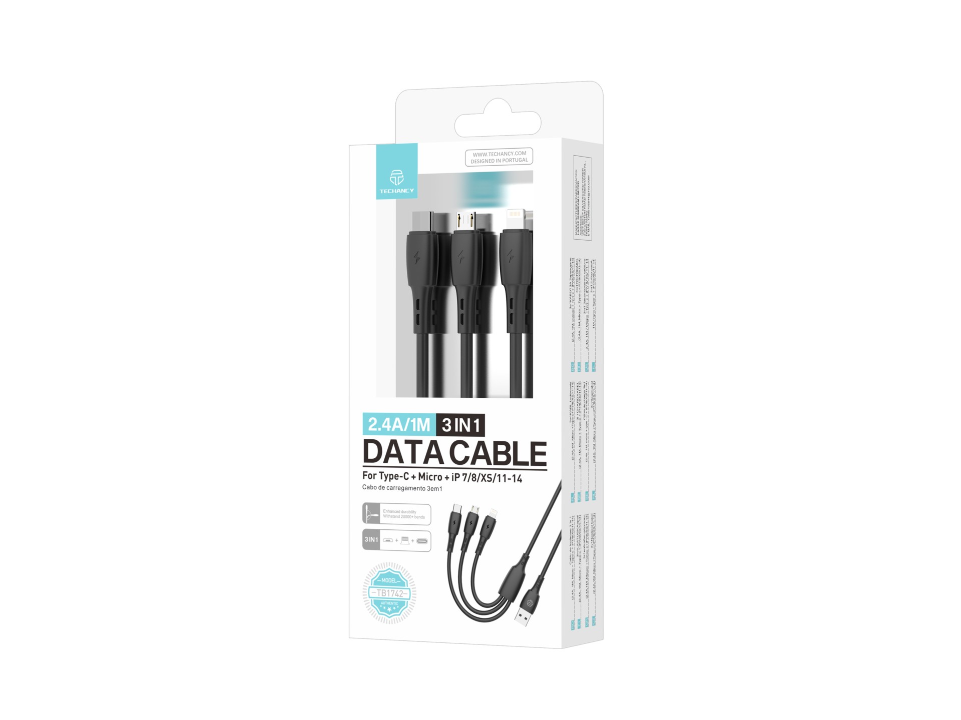 Techancy Cable de datos 3 en 1 TB1742, 2,4 A, 1 m negro, USB-C/Micro/Lightning, compatible con vario Techancy Cable de datos 3 en 1 TB1742, 2,4 A, 1 m negro, USB-C/Micro/Lightning, compatible con vario