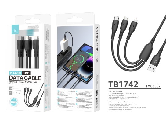 Techancy Cable de datos 3 en 1 TB1742, 2,4 A, 1 m negro, USB-C/Micro/Lightning, compatible con vario Techancy Cable de datos 3 en 1 TB1742, 2,4 A, 1 m negro, USB-C/Micro/Lightning, compatible con vario