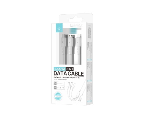 Techancy Cabo de dados 3 em 1 TB1742, 2,4 A, 1 m branco, USB-C/Micro/Lightning, compatível com vário Techancy Cabo de dados 3 em 1 TB1742, 2,4 A, 1 m branco, USB-C/Micro/Lightning, compatível com vário