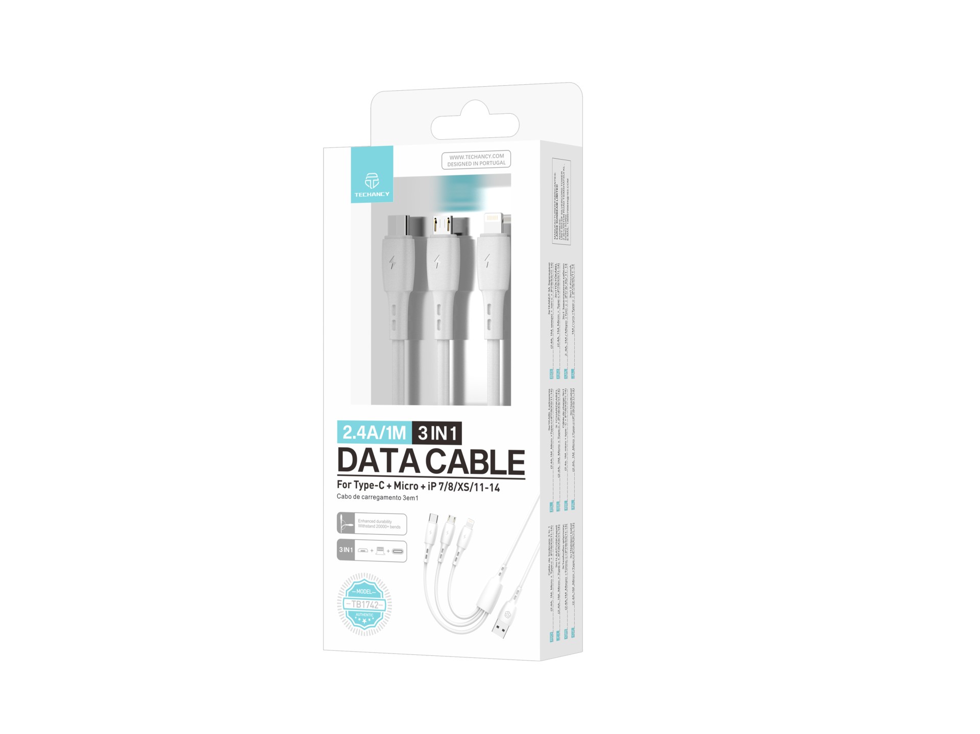 Techancy Cabo de dados 3 em 1 TB1742, 2,4 A, 1 m branco, USB-C/Micro/Lightning, compatível com vário Techancy Cabo de dados 3 em 1 TB1742, 2,4 A, 1 m branco, USB-C/Micro/Lightning, compatível com vário
