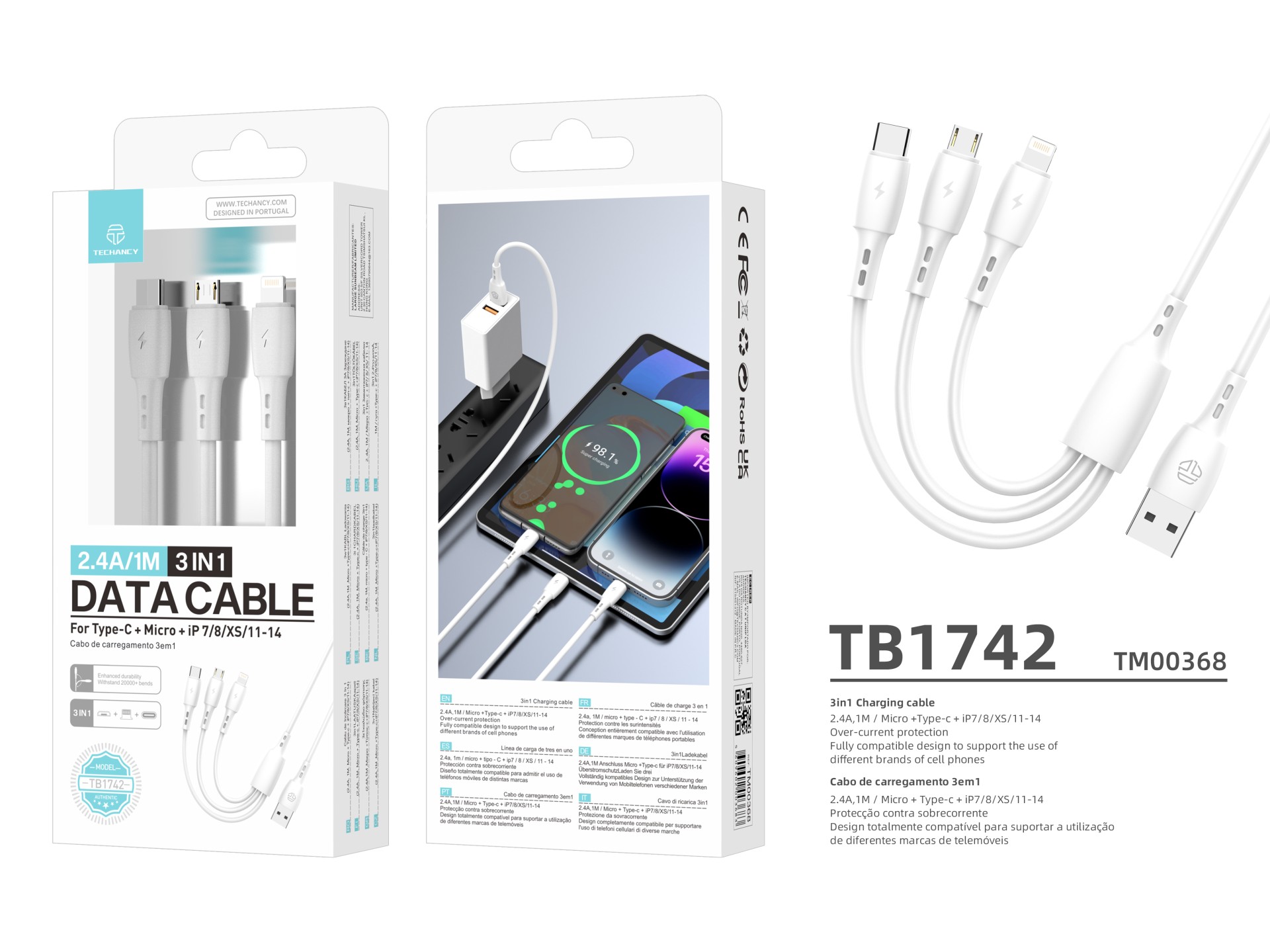 Techancy Cabo de dados 3 em 1 TB1742, 2,4 A, 1 m branco, USB-C/Micro/Lightning, compatível com vário Techancy Cabo de dados 3 em 1 TB1742, 2,4 A, 1 m branco, USB-C/Micro/Lightning, compatível com vário