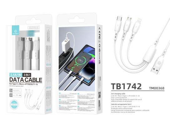Techancy Cabo de dados 3 em 1 TB1742, 2,4 A, 1 m branco, USB-C/Micro/Lightning, compatível com vário Techancy Cabo de dados 3 em 1 TB1742, 2,4 A, 1 m branco, USB-C/Micro/Lightning, compatível com vário