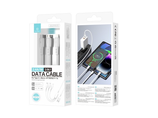 Techancy Cabo de dados 3 em 1 TB1742, 2,4 A, 1 m branco, USB-C/Micro/Lightning, compatível com vário Techancy Cabo de dados 3 em 1 TB1742, 2,4 A, 1 m branco, USB-C/Micro/Lightning, compatível com vário