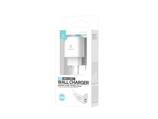 Techancy Carregador de porta dupla USB-A+USB-C TA2820, 45 W PD, design port�til, compat�vel com v�ri