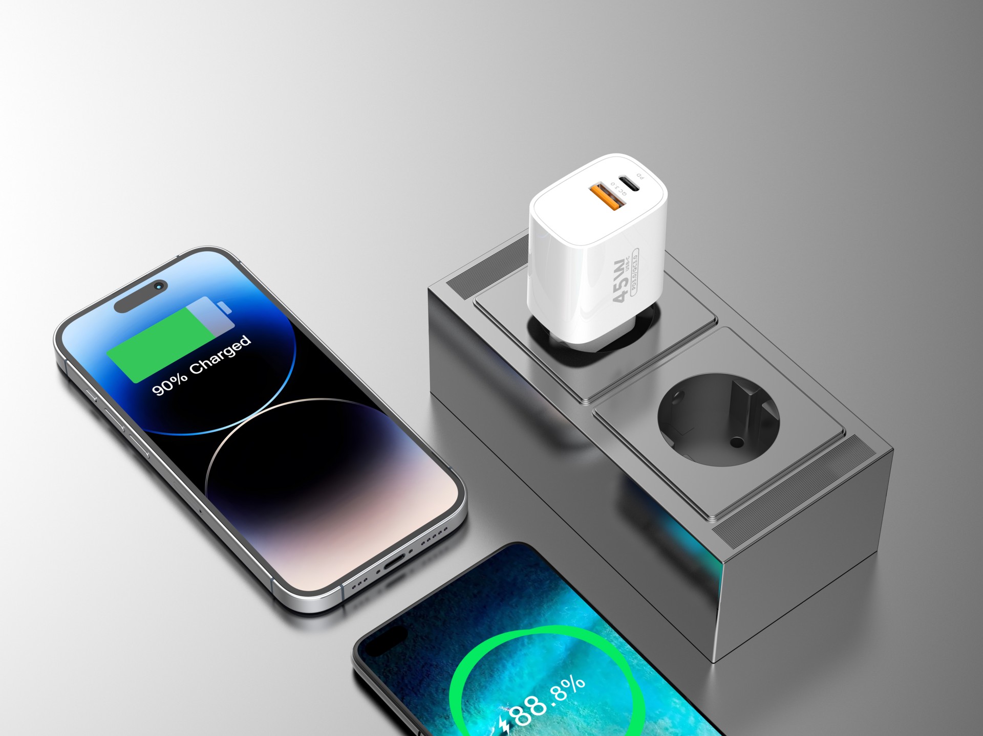 Techancy Carregador de porta dupla USB-A+USB-C TA2820, 45 W PD, design port�til, compat�vel com v�ri