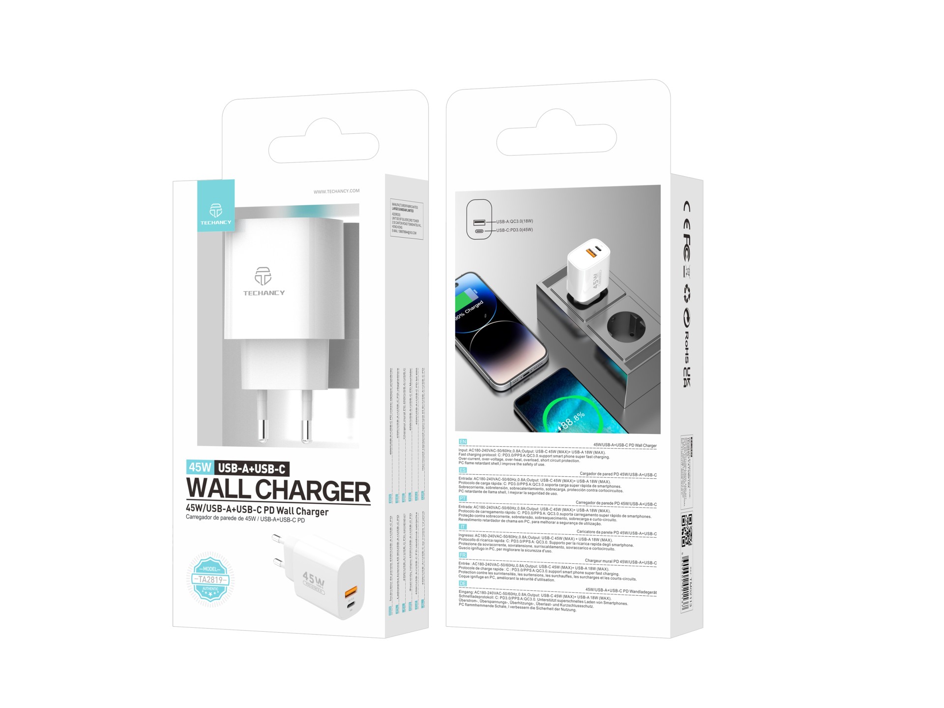 Techancy Carregador de porta dupla USB-A+USB-C TA2820, 45 W PD, design port�til, compat�vel com v�ri