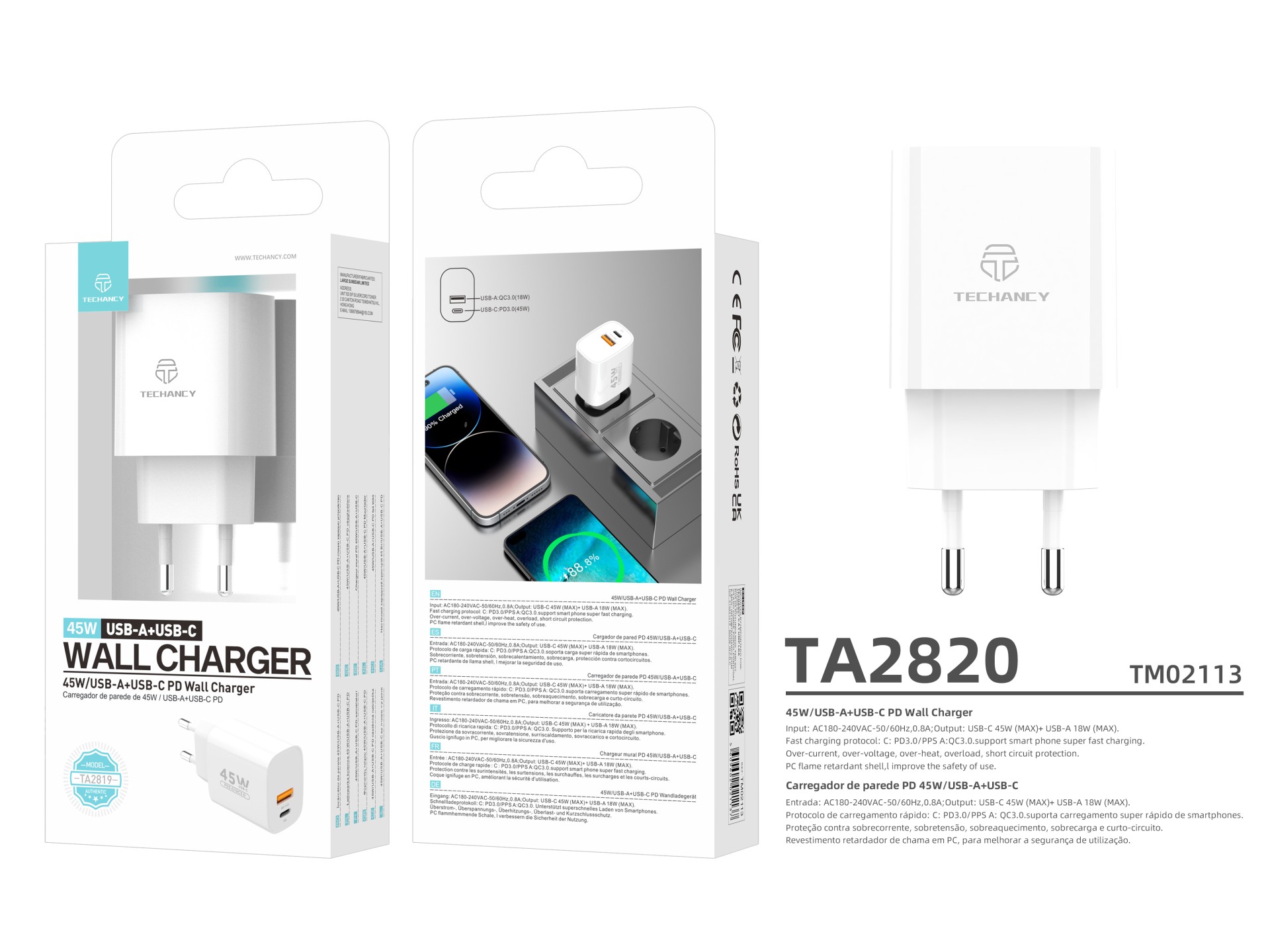 Techancy Carregador de porta dupla USB-A+USB-C TA2820, 45 W PD, design port�til, compat�vel com v�ri