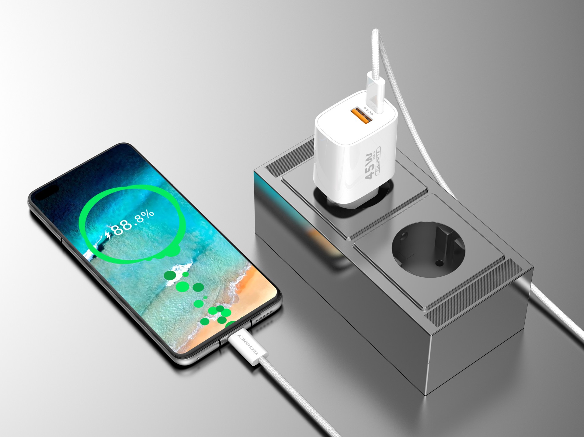 Techancy Charger USB-A+USB-C TA2820, 45W PD, with 1m USB-C to USB-C cable, compatible with multiple Techancy Charger USB-A+USB-C TA2820, 45W PD, with 1m USB-C to USB-C cable, compatible with multiple