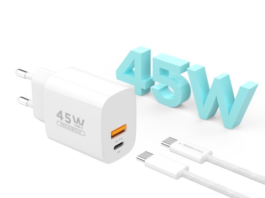 Techancy Charger USB-A+USB-C TA2820, 45W PD, with 1m USB-C to USB-C cable, compatible with multiple Techancy Charger USB-A+USB-C TA2820, 45W PD, with 1m USB-C to USB-C cable, compatible with multiple