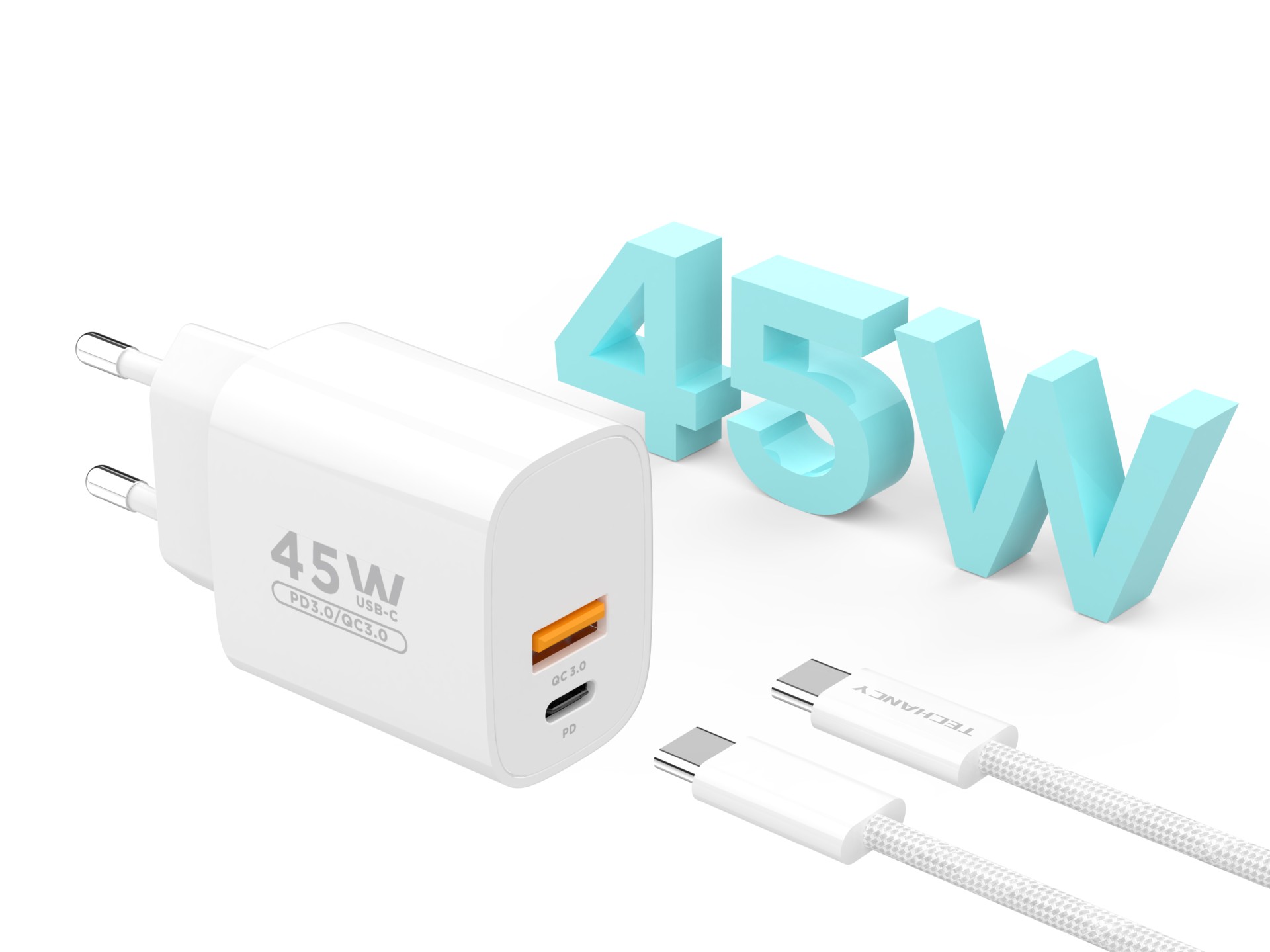 Techancy Charger USB-A+USB-C TA2820, 45W PD, with 1m USB-C to USB-C cable, compatible with multiple Techancy Charger USB-A+USB-C TA2820, 45W PD, with 1m USB-C to USB-C cable, compatible with multiple