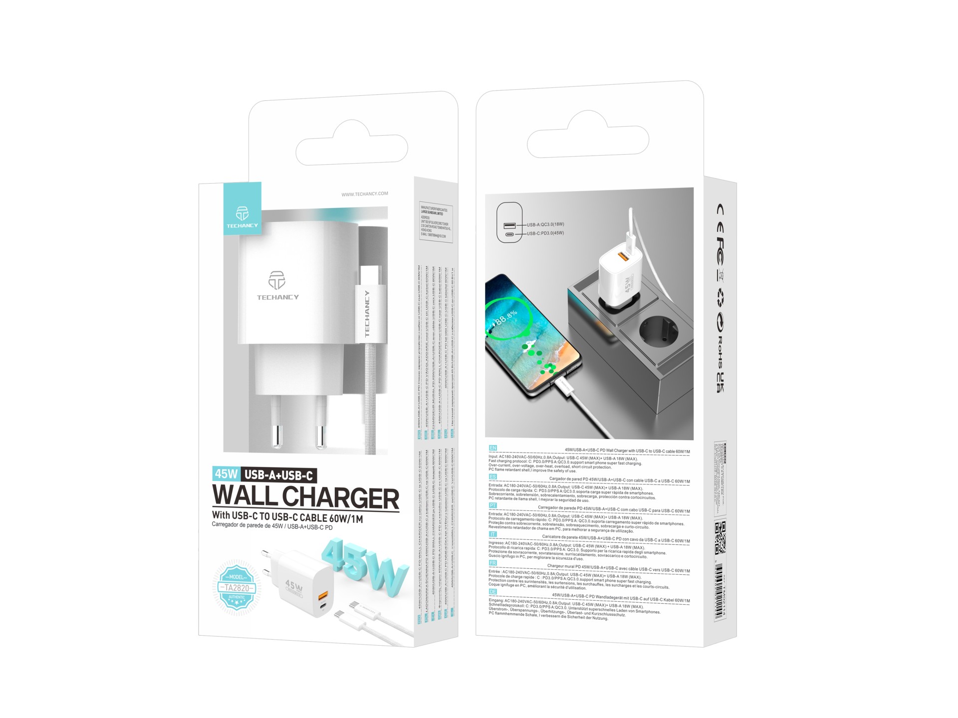 Techancy Charger USB-A+USB-C TA2820, 45W PD, with 1m USB-C to USB-C cable, compatible with multiple Techancy Charger USB-A+USB-C TA2820, 45W PD, with 1m USB-C to USB-C cable, compatible with multiple