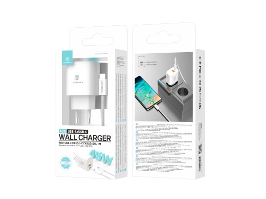 Techancy Charger USB-A+USB-C TA2820, 45W PD, with 1m USB-C to USB-C cable, compatible with multiple Techancy Charger USB-A+USB-C TA2820, 45W PD, with 1m USB-C to USB-C cable, compatible with multiple