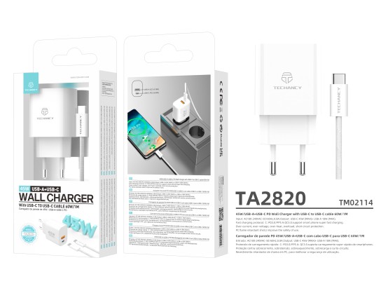 Techancy Charger USB-A+USB-C TA2820, 45W PD, with 1m USB-C to USB-C cable, compatible with multiple Techancy Charger USB-A+USB-C TA2820, 45W PD, with 1m USB-C to USB-C cable, compatible with multiple
