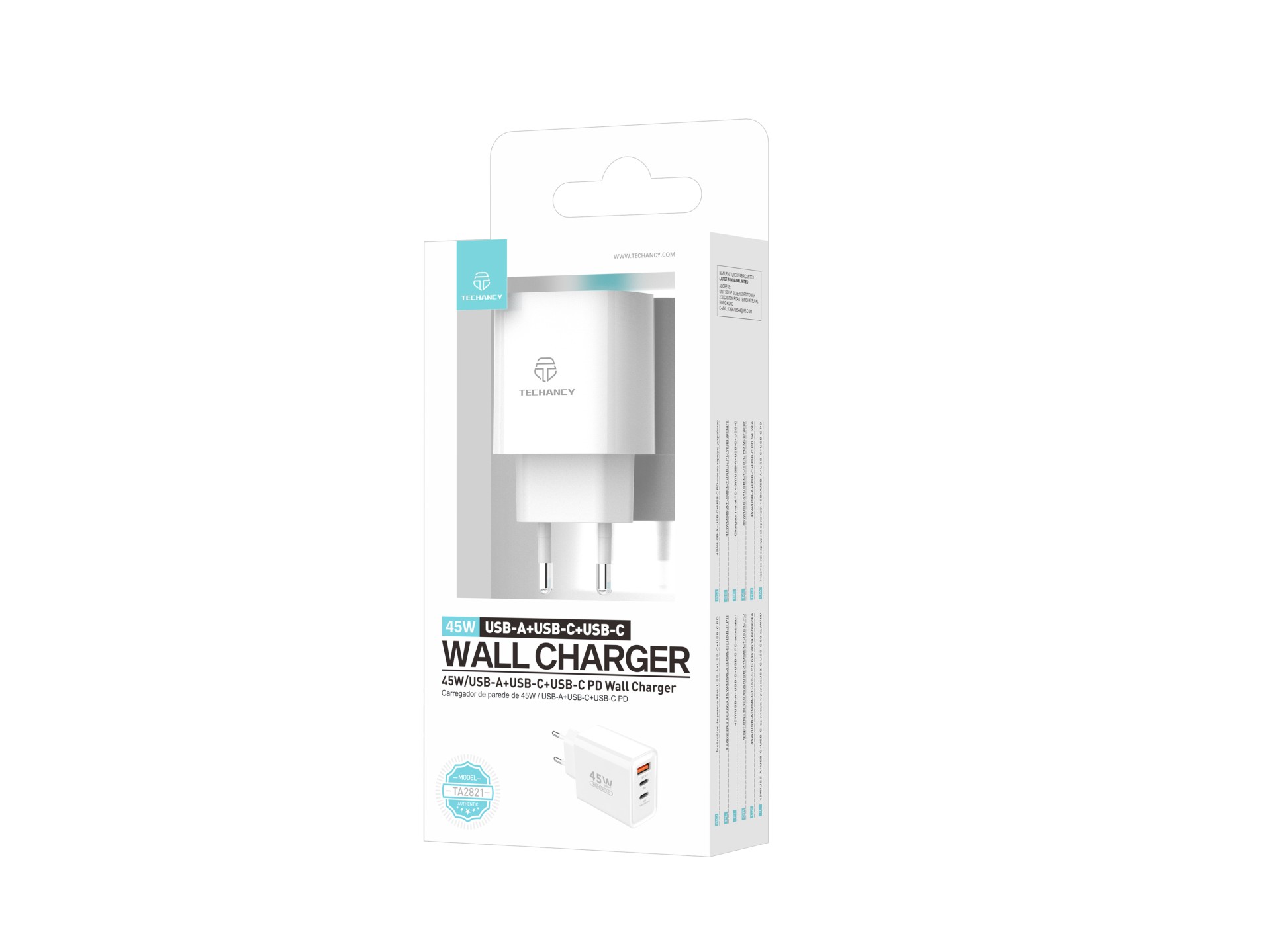 Techancy Multi-Port Charger USB-A+USB-C+USB-C TA2821, 45W PD, portable design, compatible with multi Techancy Multi-Port Charger USB-A+USB-C+USB-C TA2821, 45W PD, portable design, compatible with multi