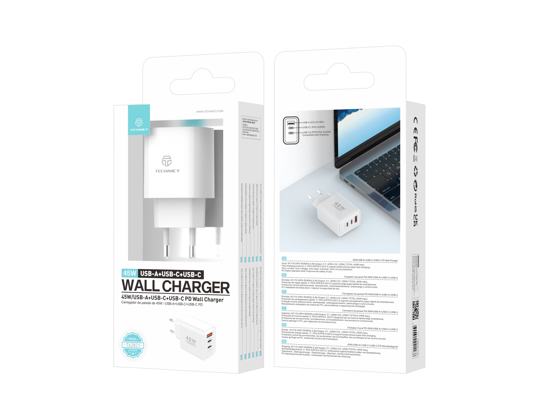 Techancy Multi-Port Charger USB-A+USB-C+USB-C TA2821, 45W PD, portable design, compatible with multi Techancy Multi-Port Charger USB-A+USB-C+USB-C TA2821, 45W PD, portable design, compatible with multi