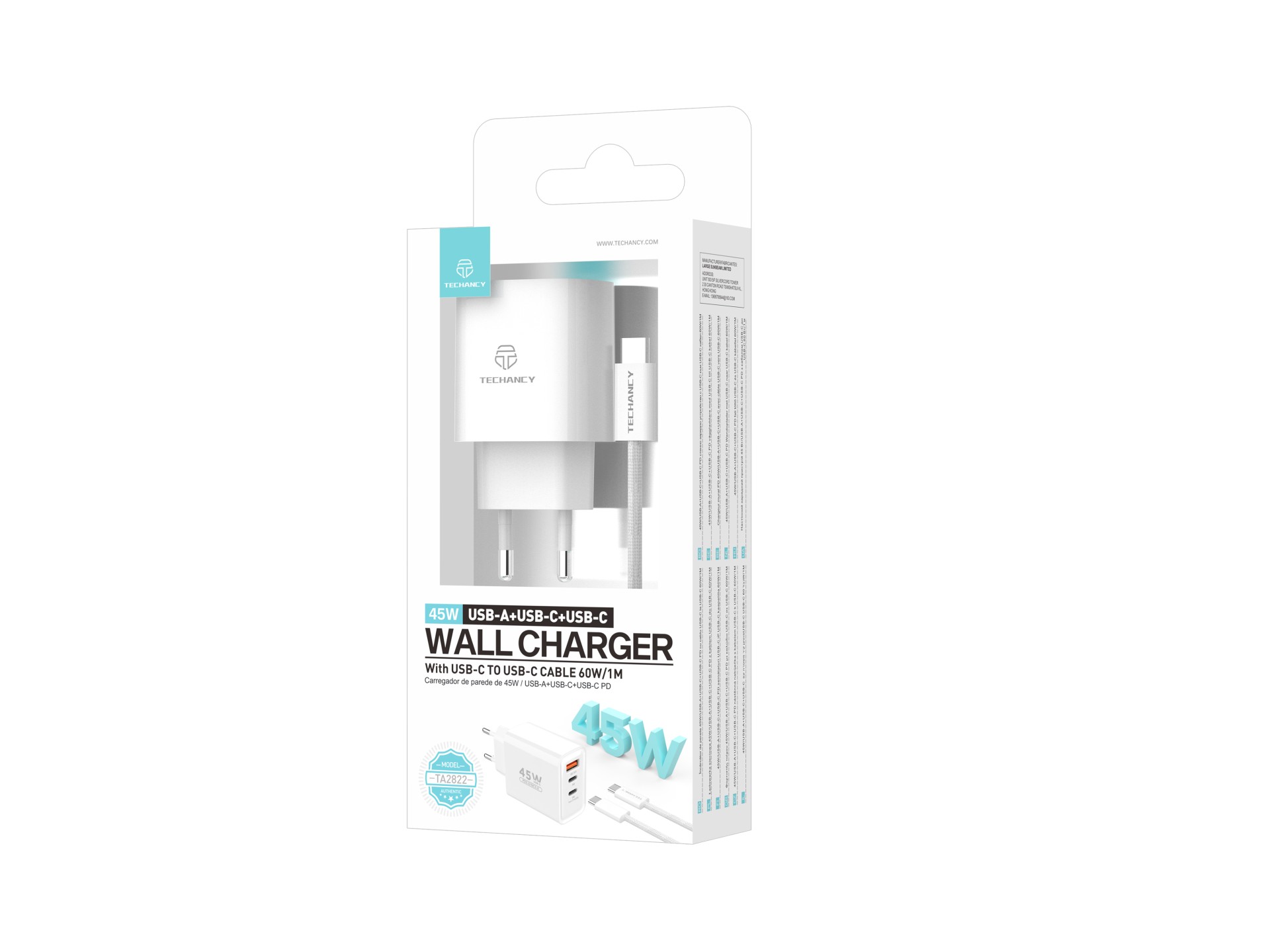 Techancy Charger USB-A+USB-C+USB-C TA2822, 45W PD, with 1m USB-C to USB-C cable, compatible with mul