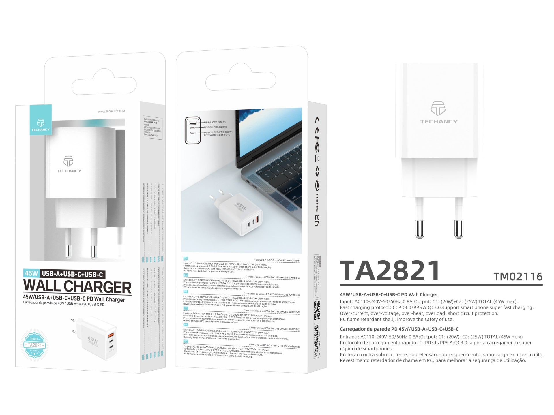 Techancy Multi-Port Charger USB-A+USB-C+USB-C TA2821, 45W PD, portable design, compatible with multi Techancy Multi-Port Charger USB-A+USB-C+USB-C TA2821, 45W PD, portable design, compatible with multi