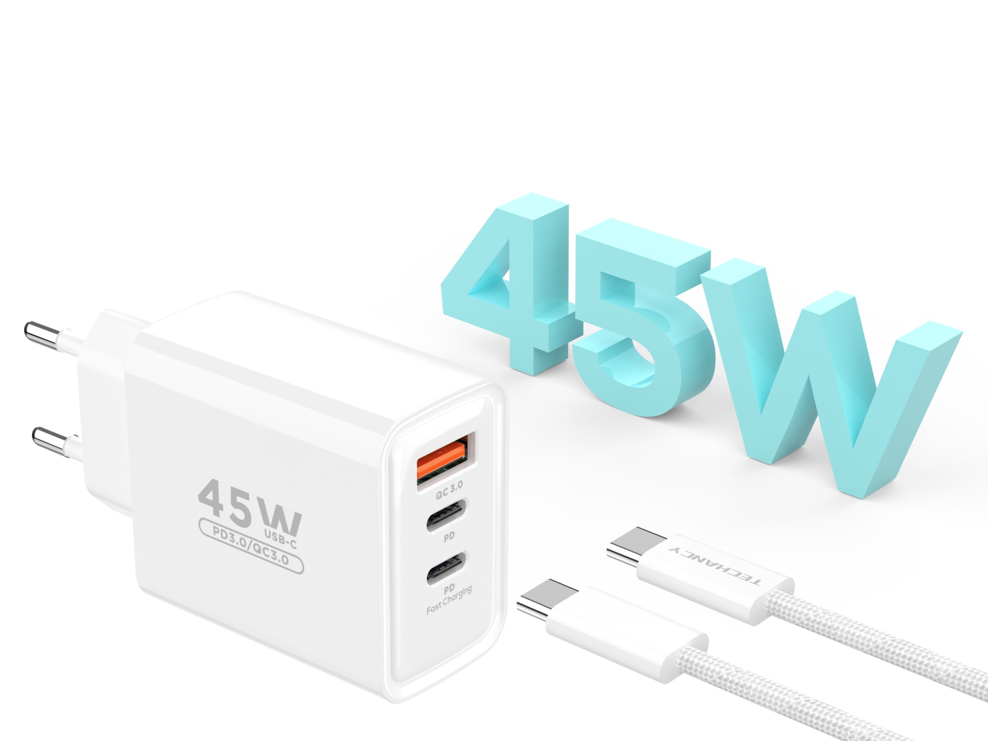 Techancy Charger USB-A+USB-C+USB-C TA2822, 45W PD, with 1m USB-C to USB-C cable, compatible with mul