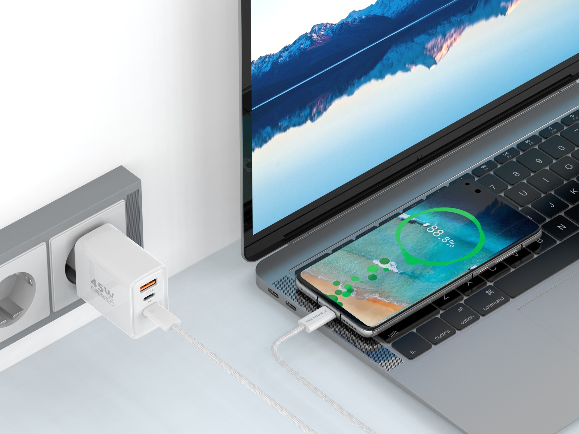 Techancy Charger USB-A+USB-C+USB-C TA2822, 45W PD, with 1m USB-C to USB-C cable, compatible with mul
