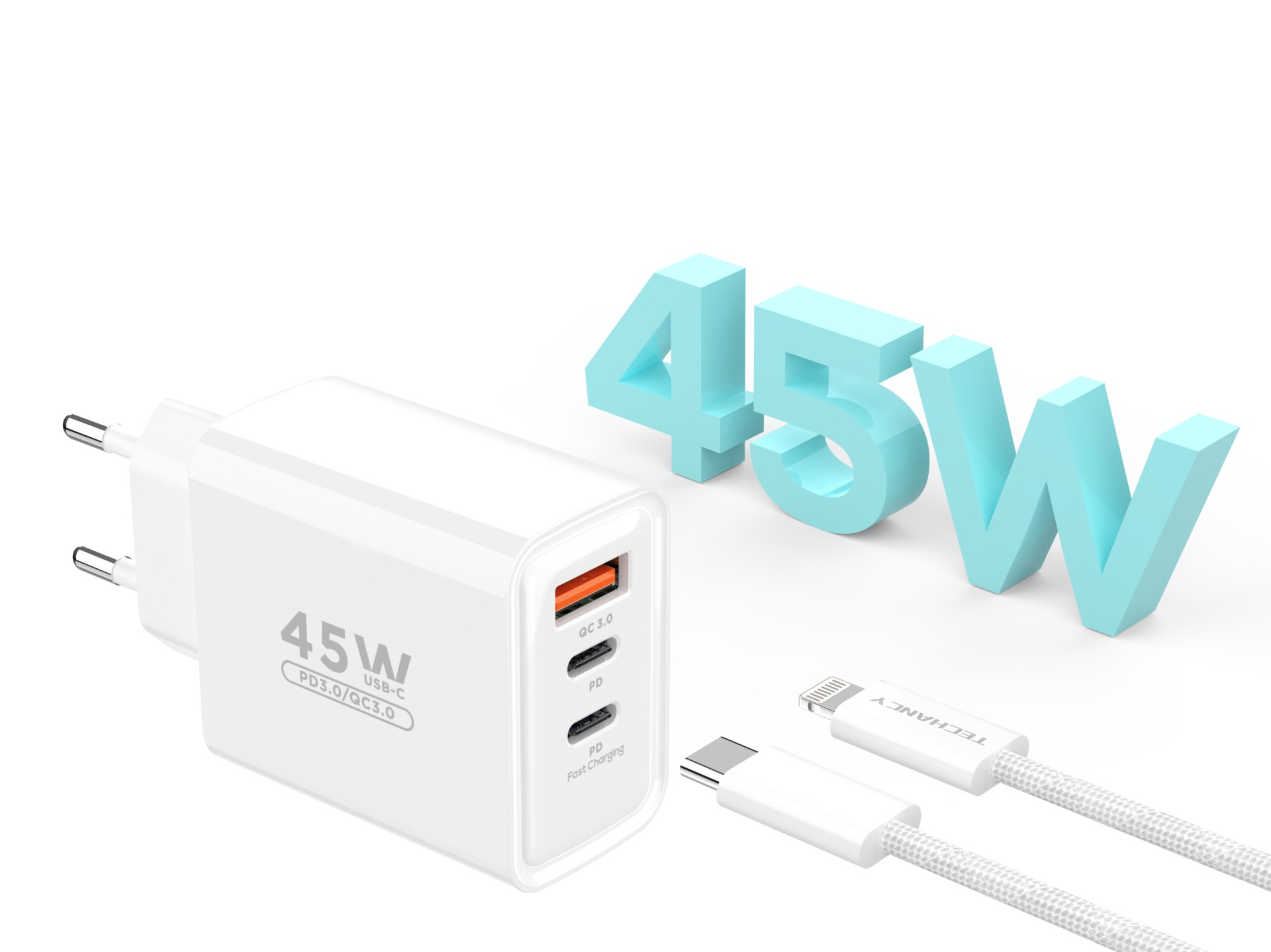 Techancy Charger USB-A+USB-C+USB-C TA2822, 45W PD, with 1m USB-C to Lightning cable, compatible with Techancy Charger USB-A+USB-C+USB-C TA2822, 45W PD, with 1m USB-C to Lightning cable, compatible with