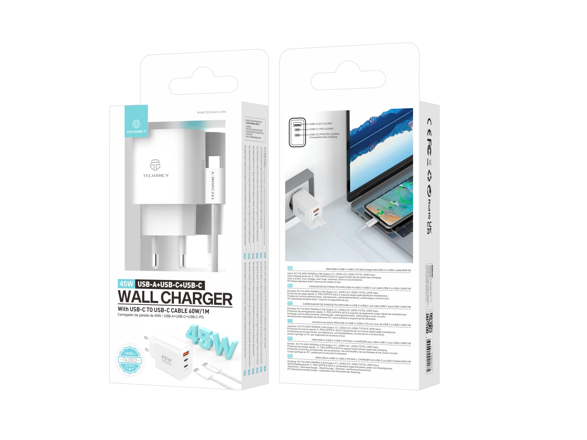 Techancy Charger USB-A+USB-C+USB-C TA2822, 45W PD, with 1m USB-C to USB-C cable, compatible with mul