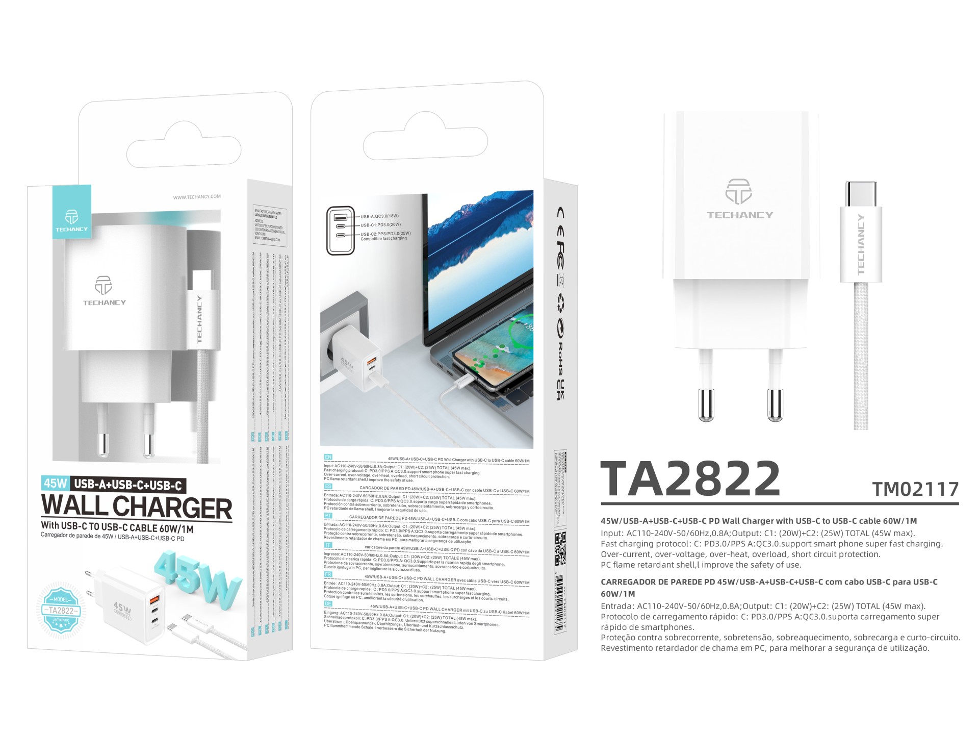 Techancy Charger USB-A+USB-C+USB-C TA2822, 45W PD, with 1m USB-C to USB-C cable, compatible with mul