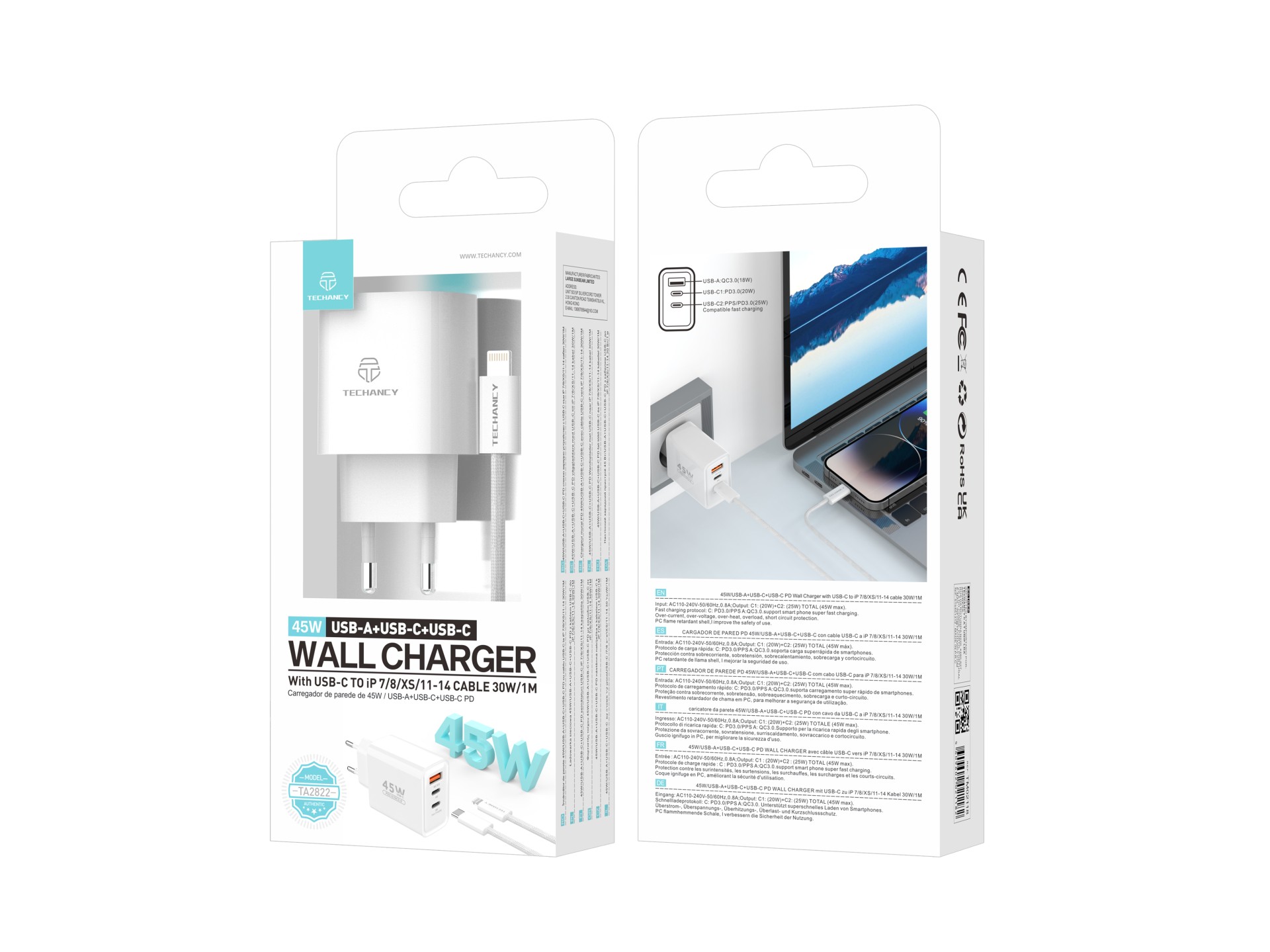 Techancy Charger USB-A+USB-C+USB-C TA2822, 45W PD, with 1m USB-C to Lightning cable, compatible with Techancy Charger USB-A+USB-C+USB-C TA2822, 45W PD, with 1m USB-C to Lightning cable, compatible with