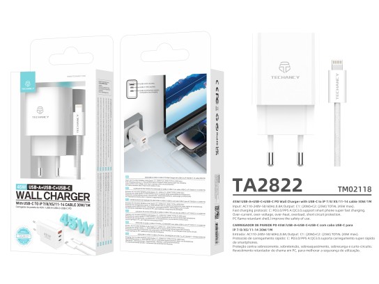 Techancy Charger USB-A+USB-C+USB-C TA2822, 45W PD, with 1m USB-C to Lightning cable, compatible with Techancy Charger USB-A+USB-C+USB-C TA2822, 45W PD, with 1m USB-C to Lightning cable, compatible with