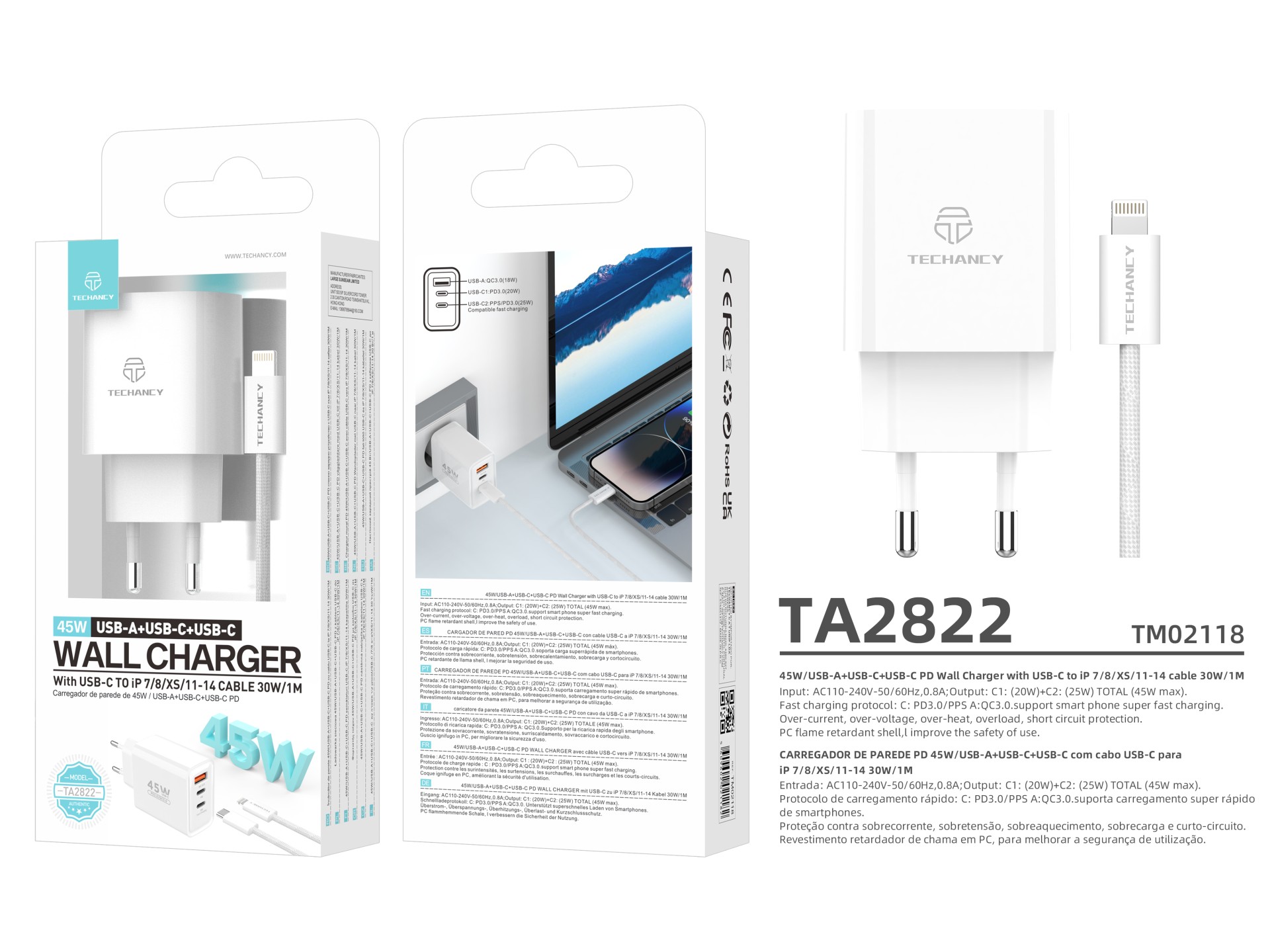 Techancy Charger USB-A+USB-C+USB-C TA2822, 45W PD, with 1m USB-C to Lightning cable, compatible with Techancy Charger USB-A+USB-C+USB-C TA2822, 45W PD, with 1m USB-C to Lightning cable, compatible with