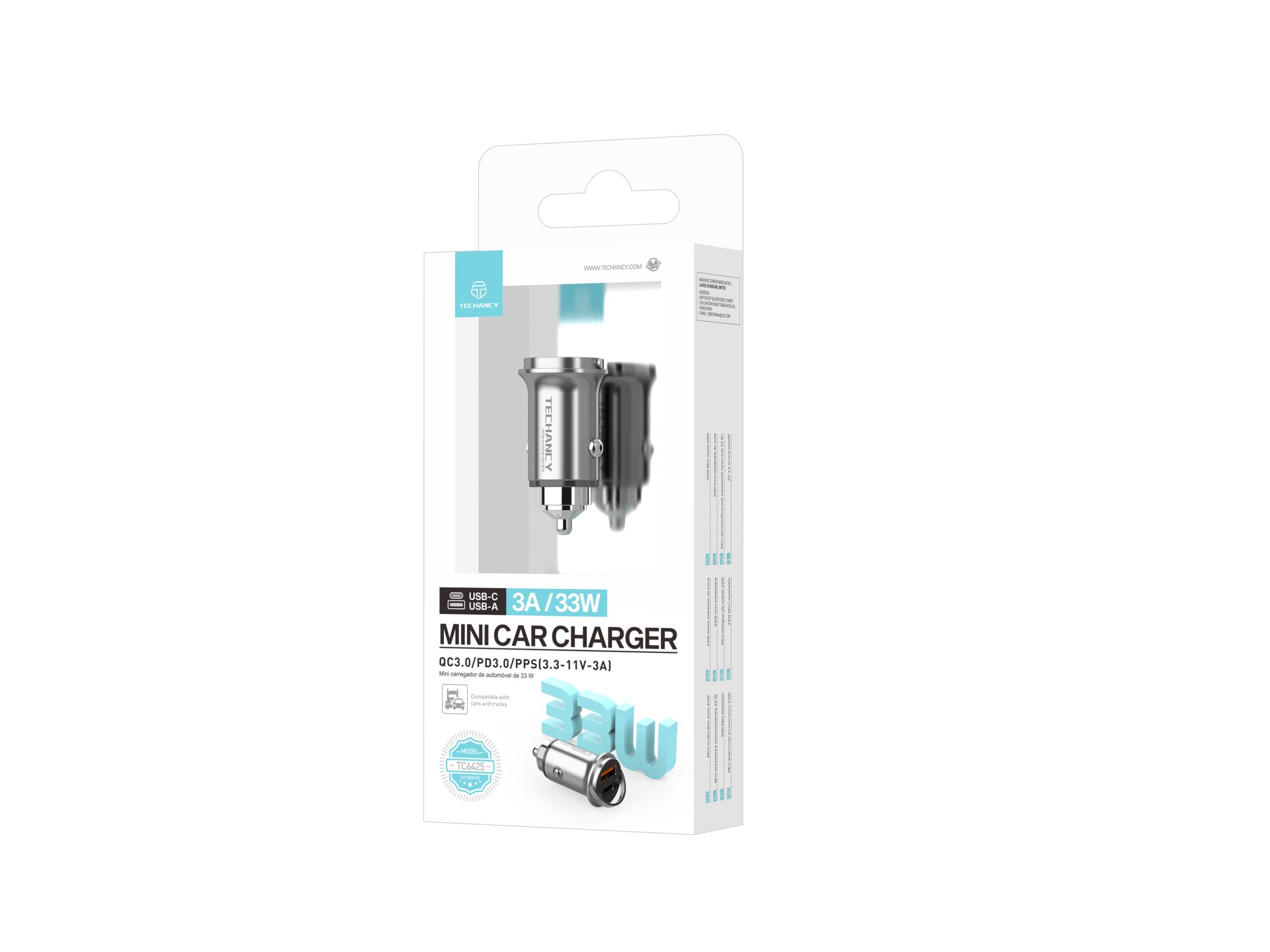 Techancy Mini carregador TC6425, 33 W, USB-A+USB-C, liga de alumínio, compatível com automóveis, des Techancy Mini carregador TC6425, 33 W, USB-A+USB-C, liga de alumínio, compatível com automóveis, des