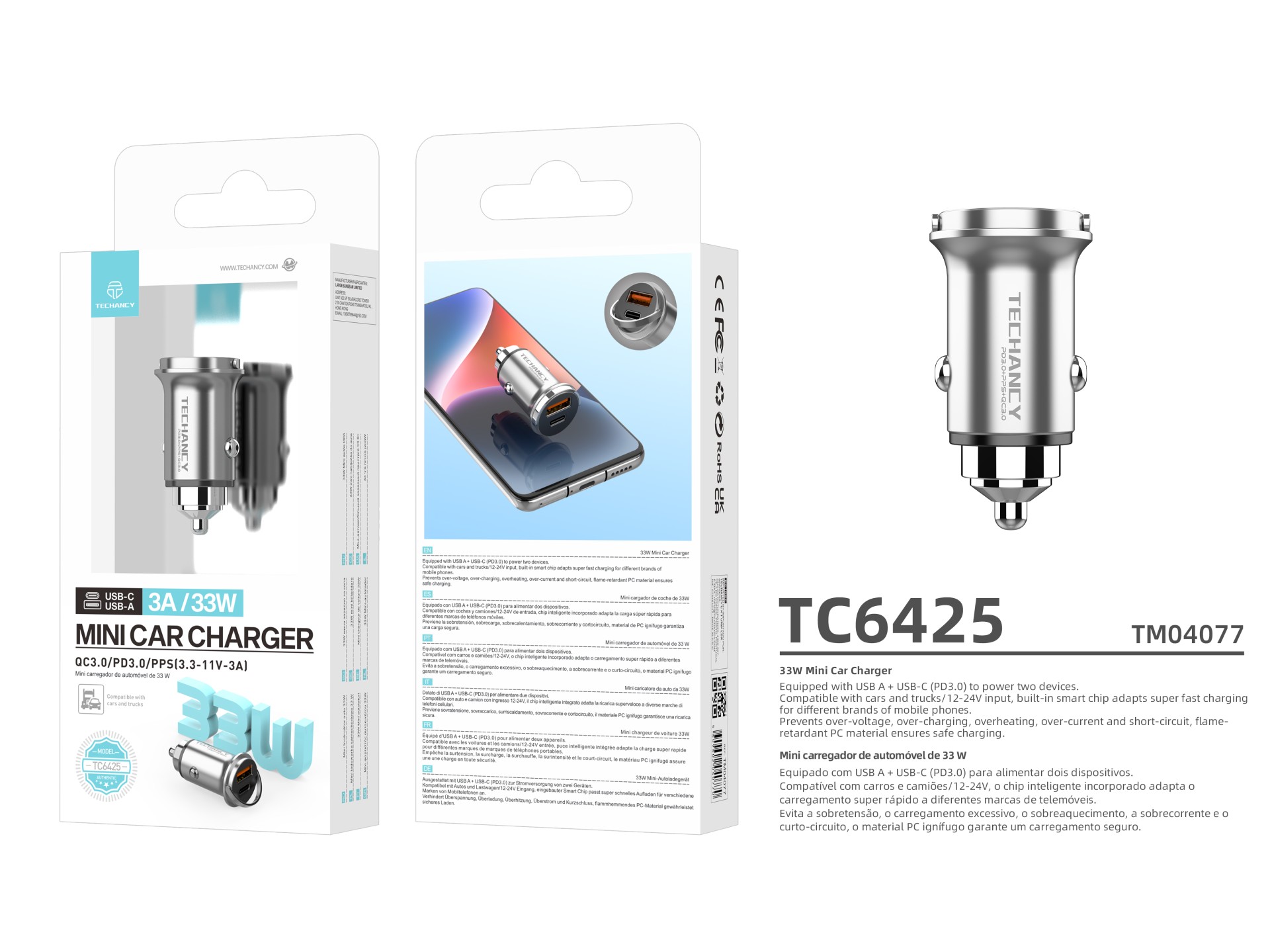 Techancy Mini carregador TC6425, 33 W, USB-A+USB-C, liga de alumínio, compatível com automóveis, des Techancy Mini carregador TC6425, 33 W, USB-A+USB-C, liga de alumínio, compatível com automóveis, des