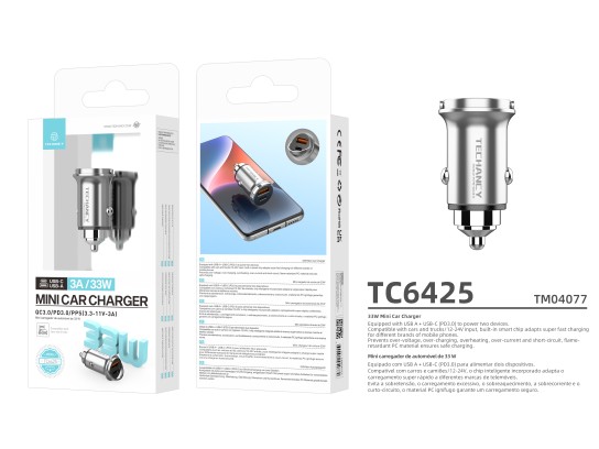 Techancy Mini carregador TC6425, 33 W, USB-A+USB-C, liga de alumínio, compatível com automóveis, des Techancy Mini carregador TC6425, 33 W, USB-A+USB-C, liga de alumínio, compatível com automóveis, des