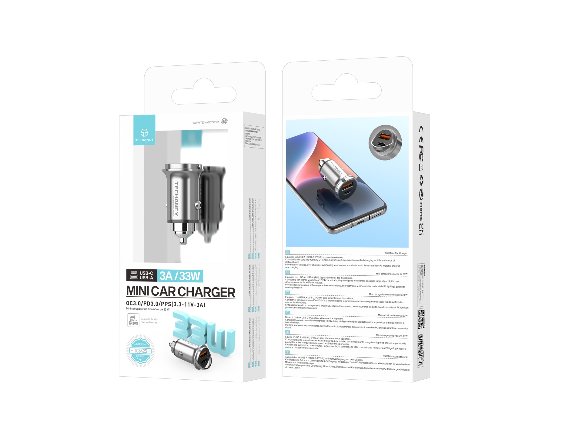 Techancy Mini carregador TC6425, 33 W, USB-A+USB-C, liga de alumínio, compatível com automóveis, des Techancy Mini carregador TC6425, 33 W, USB-A+USB-C, liga de alumínio, compatível com automóveis, des