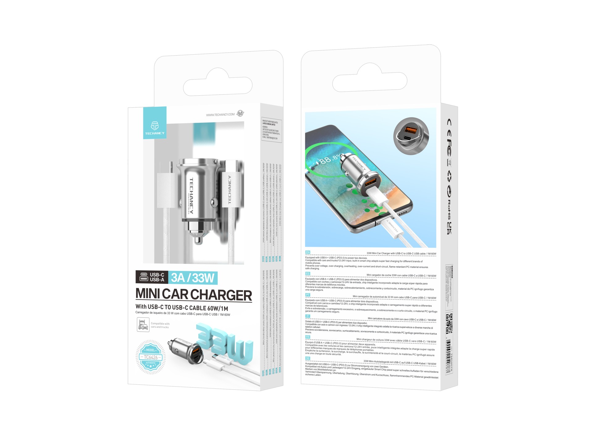 Techancy Mini carregador TC6426, 33 W, USB-A+USB-C, com cabo USB-C para USB-C de 1 m, liga de alumín Techancy Mini carregador TC6426, 33 W, USB-A+USB-C, com cabo USB-C para USB-C de 1 m, liga de alumín