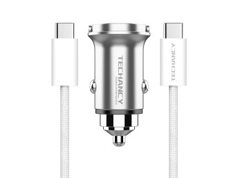 Techancy Mini carregador TC6426, 33 W, USB-A+USB-C, com cabo USB-C para USB-C de 1 m, liga de alumn