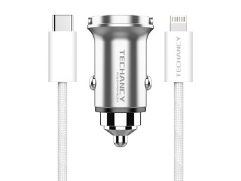Techancy Mini carregador TC6426, 33 W, USB-A+USB-C, com cabo USB-C para Lightning de 1 m, liga de al