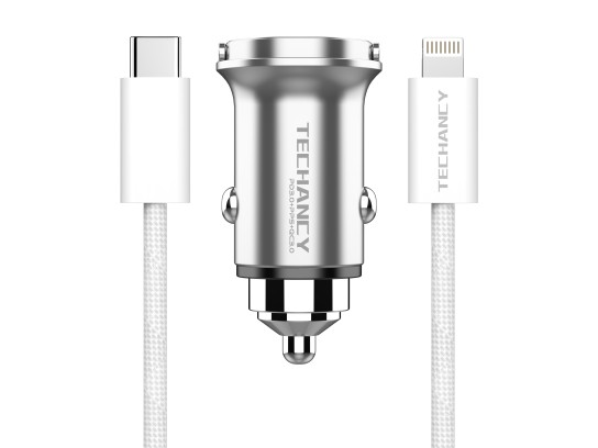 Techancy Mini carregador TC6426, 33 W, USB-A+USB-C, com cabo USB-C para Lightning de 1 m, liga de al