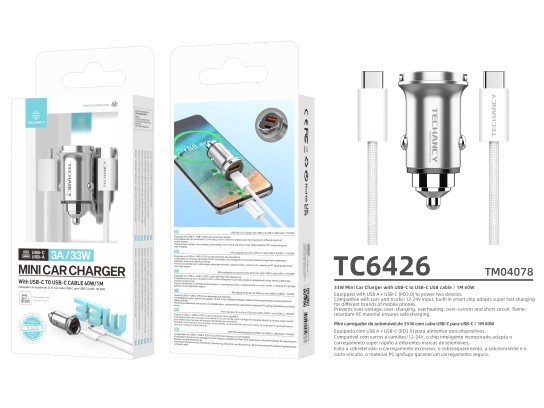 Techancy Mini carregador TC6426, 33 W, USB-A+USB-C, com cabo USB-C para USB-C de 1 m, liga de alumín Techancy Mini carregador TC6426, 33 W, USB-A+USB-C, com cabo USB-C para USB-C de 1 m, liga de alumín