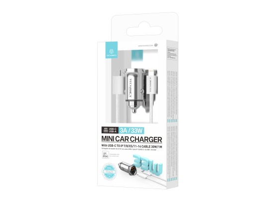 Techancy Mini carregador TC6426, 33 W, USB-A+USB-C, com cabo USB-C para Lightning de 1 m, liga de al