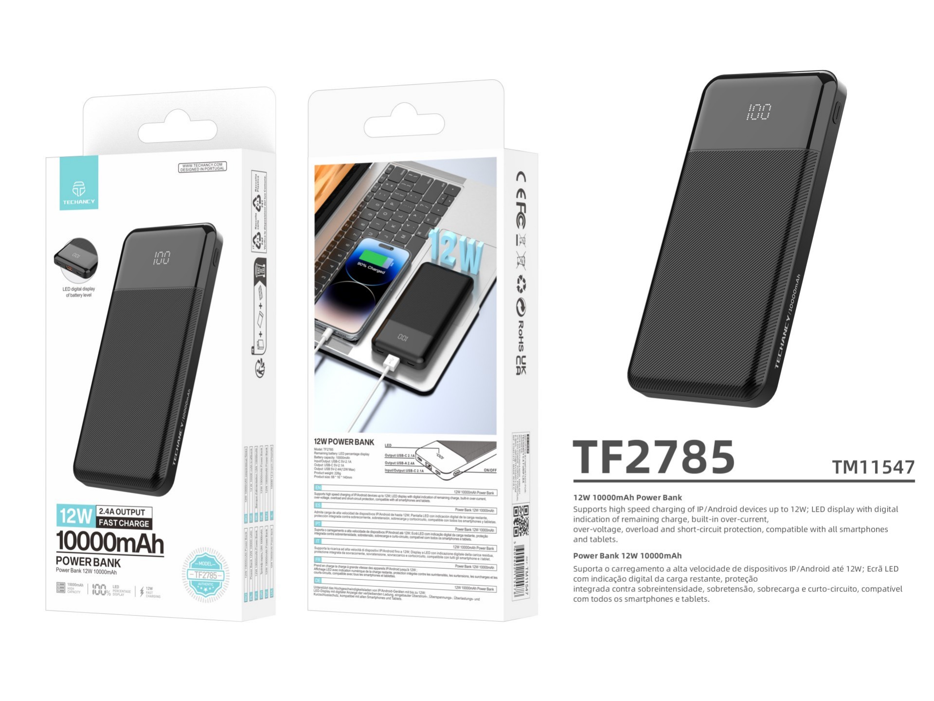 Techancy Power Bank TF2785, 10000mAh, 12W Fast Charging, 2.4A Output, LED Display, Compatible with i Techancy Power Bank TF2785, 10000mAh, 12W Fast Charging, 2.4A Output, LED Display, Compatible with i